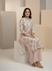 ✨ Elegant Peach & Aqua Floral Kurta Set ✨ By Rangdey