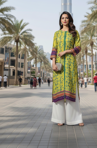 Lime Green Printed Kurta with Wide-Leg Bottom By Rangdey