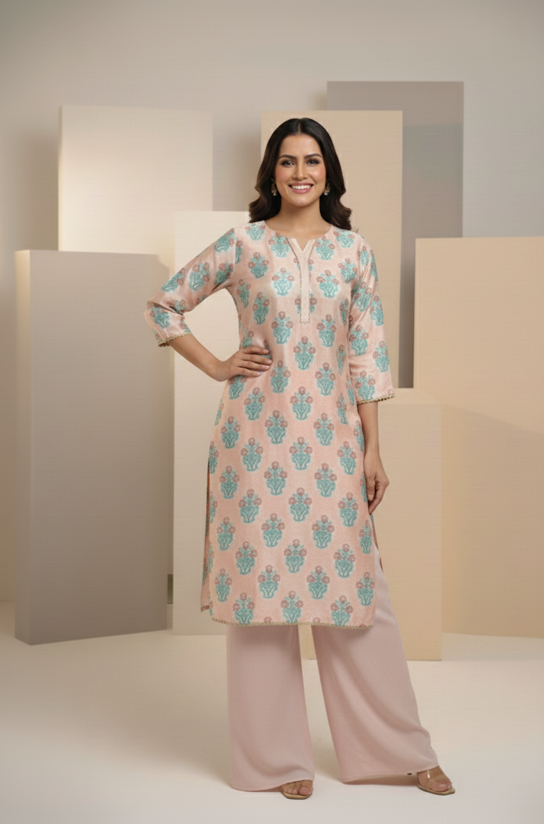 ✨ Elegant Peach & Aqua Floral Kurta Set ✨ By Rangdey