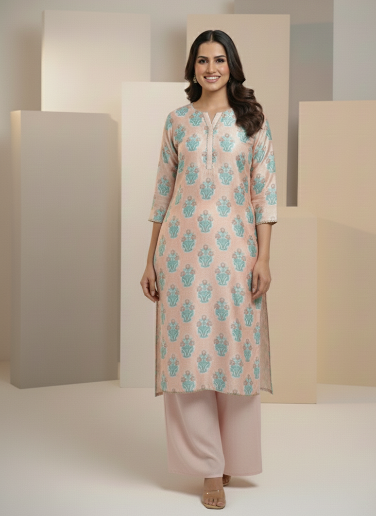 ✨ Elegant Peach & Aqua Floral Kurta Set ✨ By Rangdey