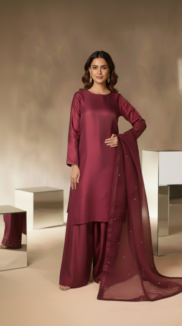✨ Deep Plum Elegance: The Silk Shalwar Kameez Set 👗By Rangdey