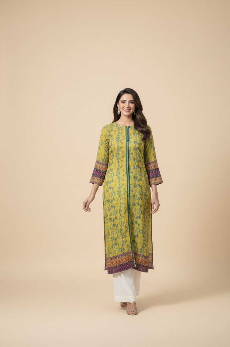 Lime Green Printed Kurta with Wide-Leg Bottom By Rangdey