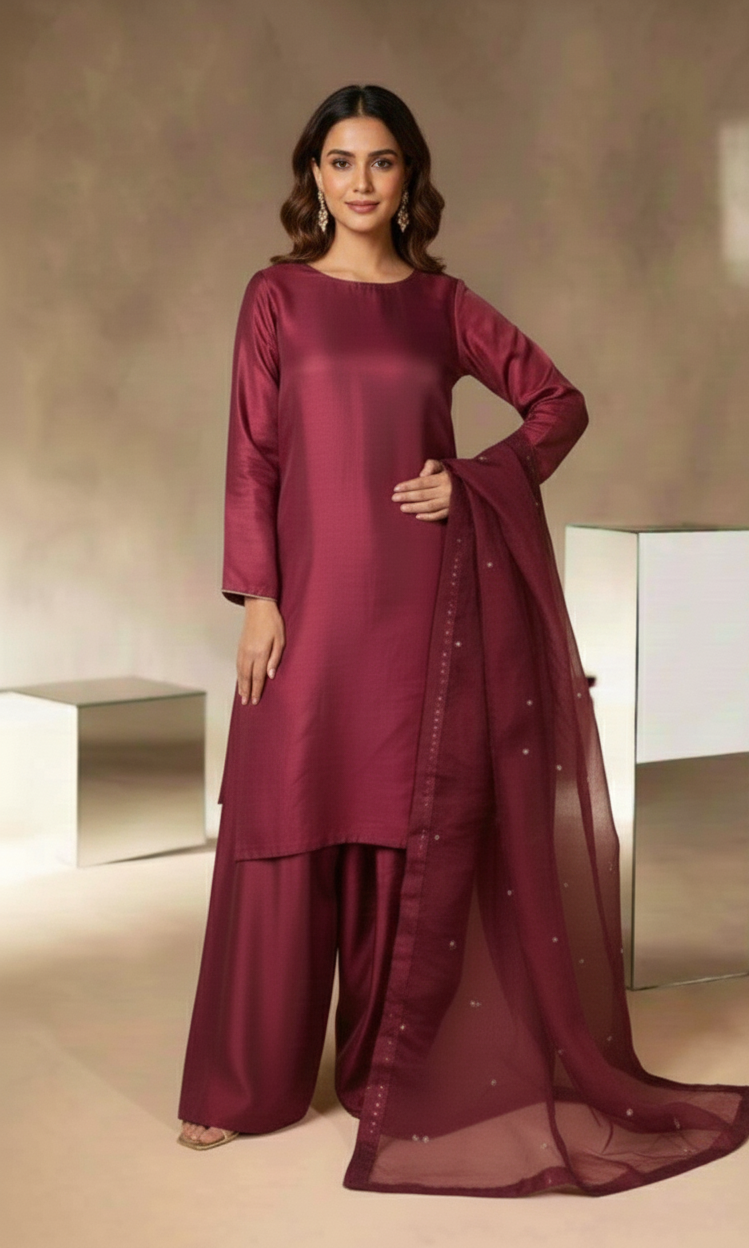 ✨ Deep Plum Elegance: The Silk Shalwar Kameez Set 👗By Rangdey