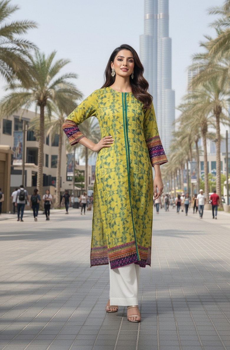 Lime Green Printed Kurta with Wide-Leg Bottom By Rangdey