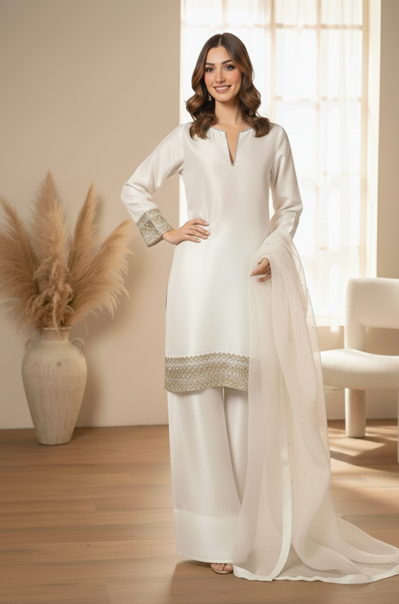 Woman in a long white dress with gold accents standing in a room with a vase and chair.