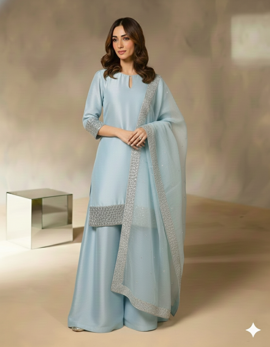 Serene Sky Blue Silk Ensemble 🩵✨By Rangdey