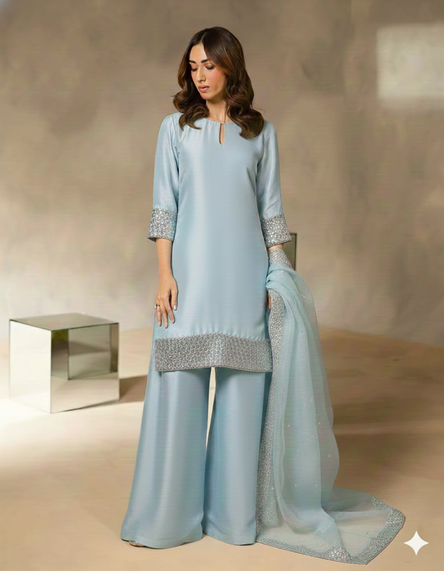 Serene Sky Blue Silk Ensemble 🩵✨By Rangdey