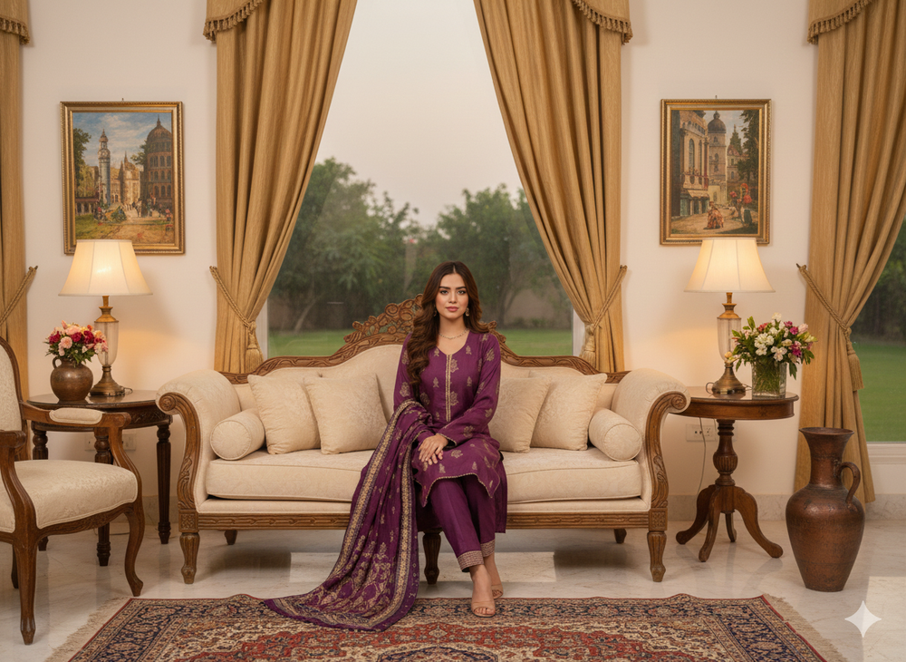 Regal Plum Gold-Embroidered Suit Set 💜✨By Rangdey